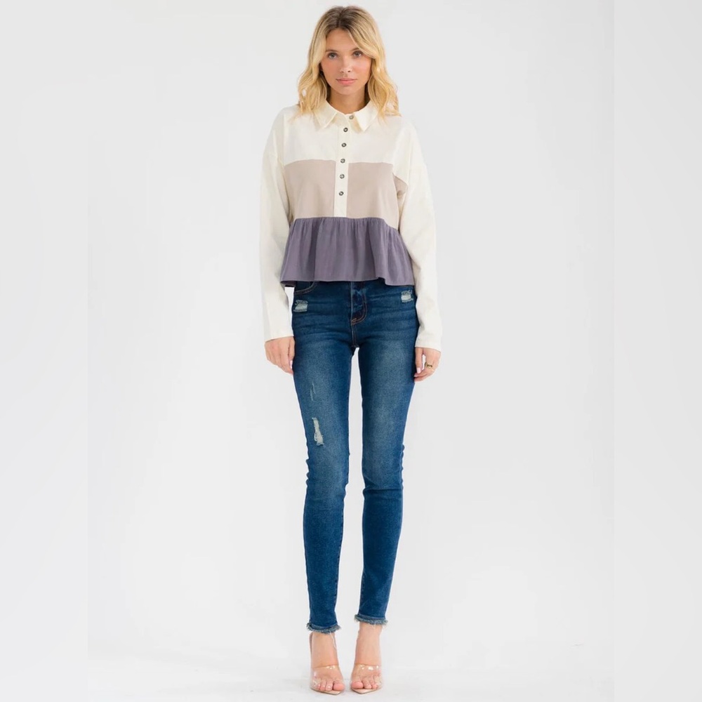 035 • ON SALE...Colorblock Long Sleeve Button Tiered Cream Blouse